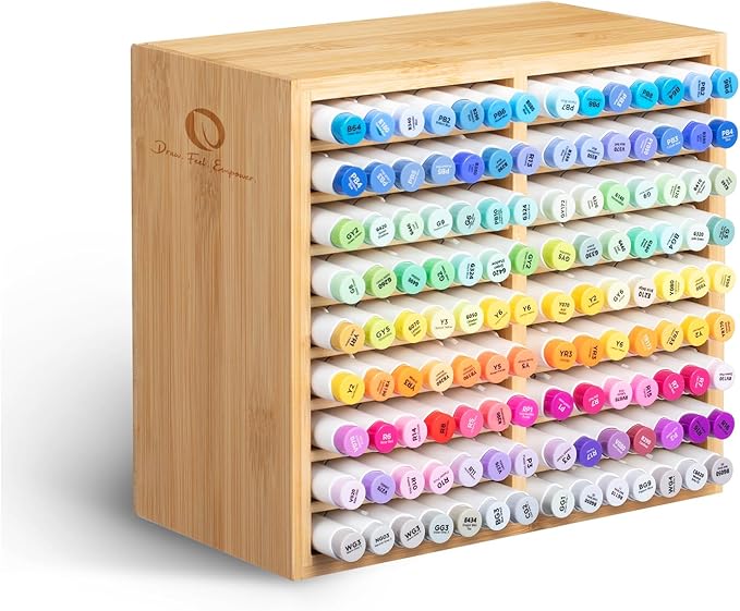 Ohuhu Bamboo Marker Organizer, Wooden Desktop Storage Holds 126 Markers | Markers Pens Pencils Art Brushes Stationary Organizer Pencil Holder with 18 Compartments for Classroom Office Decor Home