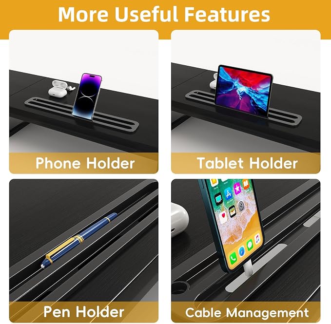 39 Inch Dual Monitor Stand Riser with 2 Drawers - Large Black Wooden Computer Stand for 2 Monitors, Ergonomic Desk Organizer with Phone Holder, Desktop Storage for Laptop, Office Supplies, Home Office