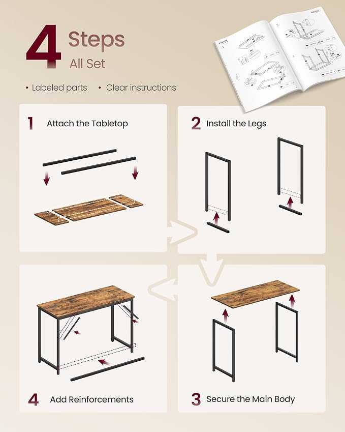 VASAGLE Computer Desk, Office Work Desk, 47.2 x 19.7 x 29.9 Inches | For Study, Bedroom, Home Office, Living Room, Rustic Brown and Black ULWD212K101