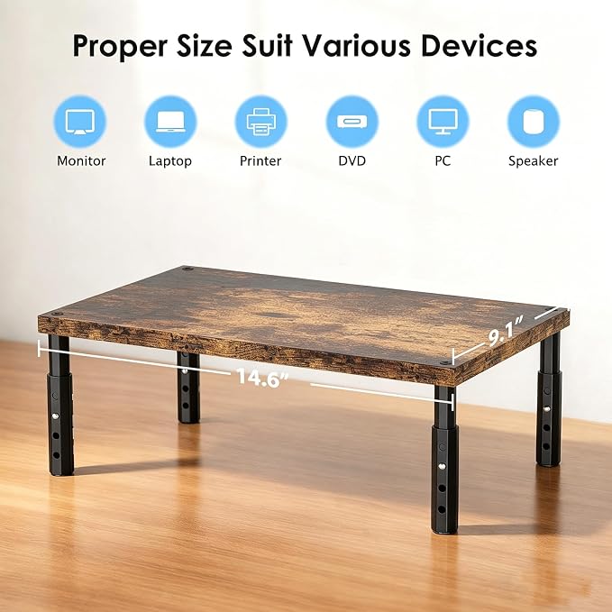 Adjustable Monitor Stand Riser for Desk, Wood Computer & Laptop Stand, Desk Organizers and Accessories, Office Desk Accessories & Workspace Organizer for Home Office Supplies, Brown