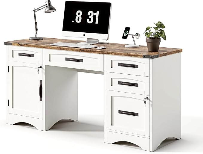 Decofy Farmhouse Executive Desk with Drawers, 55" Home Office Desks with Fast Charging Station, Lockable File Cabinet, Wood Writing Computer Desk for Work, Study, White