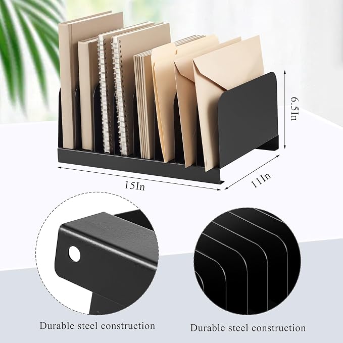 Suzile Metal Desktop File Organizer, 8 Compartments, Vertical File Sorter, Black, 11.02 W x 14.96 L x 6.30 H, Office, Reception Areas, Workspace(Rectangle)