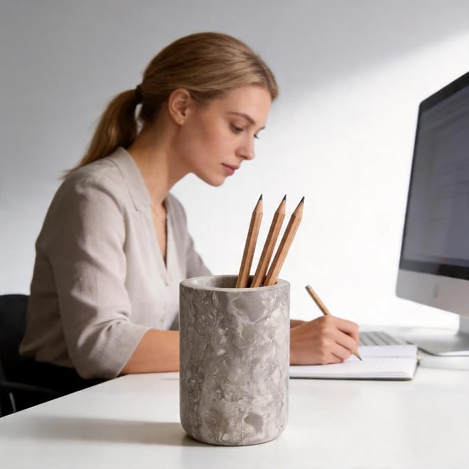 Natural Marble Pen Holder Minimalist Desk Stationery Organizer | Premium natural marble material, Solid heavy-duty,Dual use for stationery & makeup brushes, Stable base,Portable size