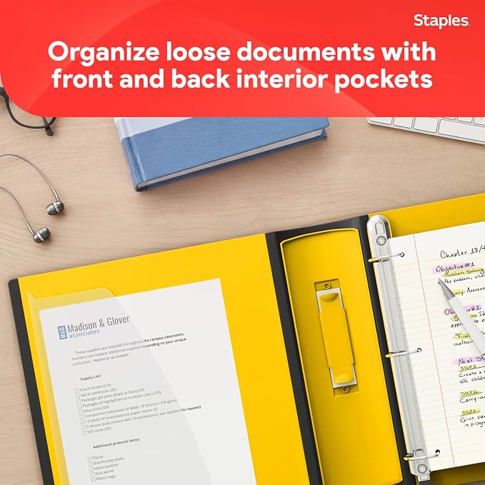 Staples Heavy-Duty 3-Inch D-Ring Binder, Yellow, Holds 600 Sheets | Large-capacity 3-ring binder for school and office document storage.