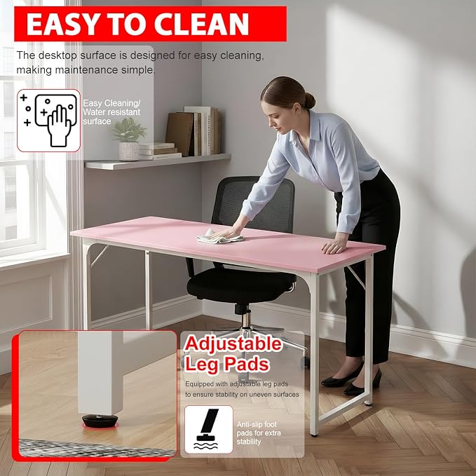 PayLessHere | 55 Inch Computer Desk | Pink | Office Desk with Metal Frame, Adjustable Feet | Water-Resistant, Scratchproof Surface | Sturdy Writing Table for Home Office or Study | Pack of 1