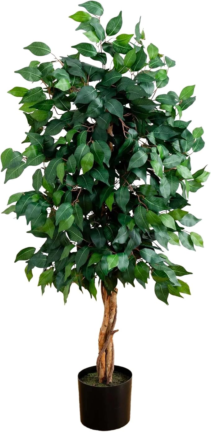 Nearly Natural 4 ft Artificial Triple Trunk Ficus Tree with Pot | Natural Wood Trunks, Silk Tree with Dense Foliage, Mid-Size Faux Floor Plant, Home and Office Decor
