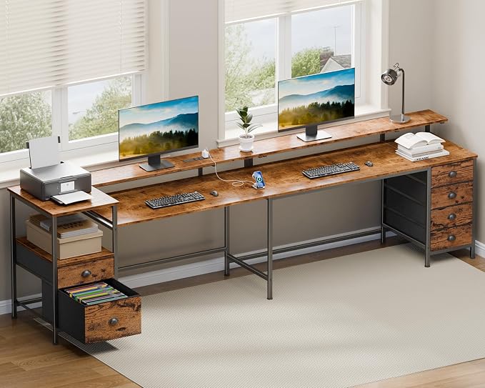 Furologee 66'' L Shaped Computer Desk with 6 Drawers & LED, Rustic Brown | Reversible Large Corner Desk with Printer Storage Shelves,LED Lights,Monitor Stand for Home Office,Working Writing Study