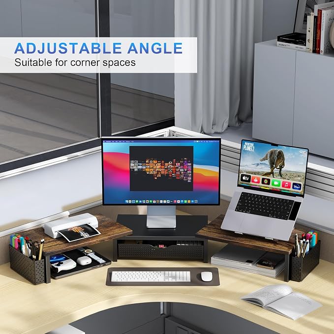 gianotter Dual Monitor Stand Riser With Drawer and 2 Pen Holders | Wood Computer Monitor Stand Desk Organizer and Accessories Desk Shelf for Top of Desk (Wood)