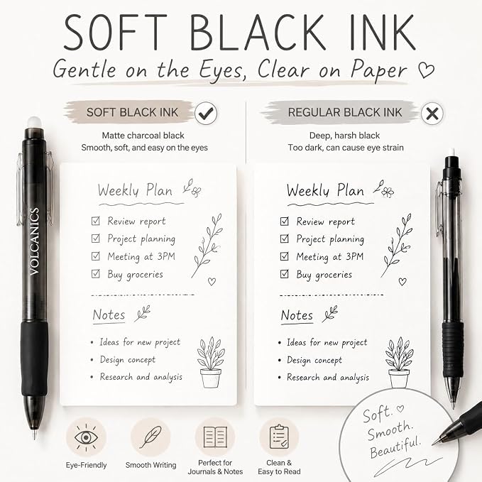 Volcanics Erasable Gel Pens, Retractable, 0.7mm, Soft Black,24 Pack