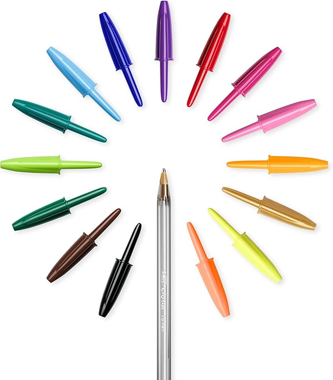 BIC Cristal Multicolour Ballpoint Pens With Wide Tip (1.6mm) Pens For Colourful Writing In Assorted Colours, Pack Of 15