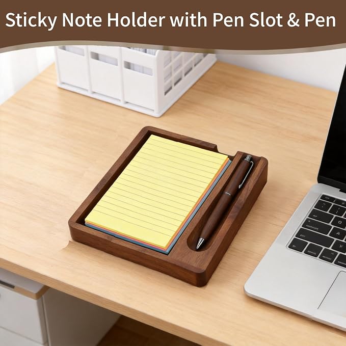 MultiBey 4x6 In Walnut Wood Sticky Note Holder with Pen Slot and Wood Pen | 4x6 Self-Stick Note Dispenser with Pen Slot, Natural Wood Memo Pad Holder Organizer Desk Accessories for Office School Home