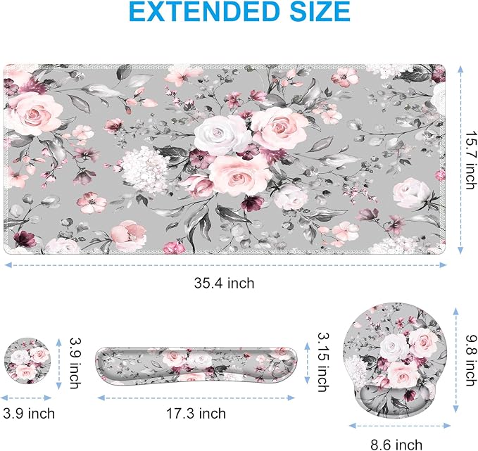 iCasso Desk Blotter for Workspace, Pink Floral 35.4"x15.7" Mousepad | School Ergonomic Desk Pad Featuring Keyboard Wrist Rest, Elegant Mousepad Set for Study Workspace Computer Setup