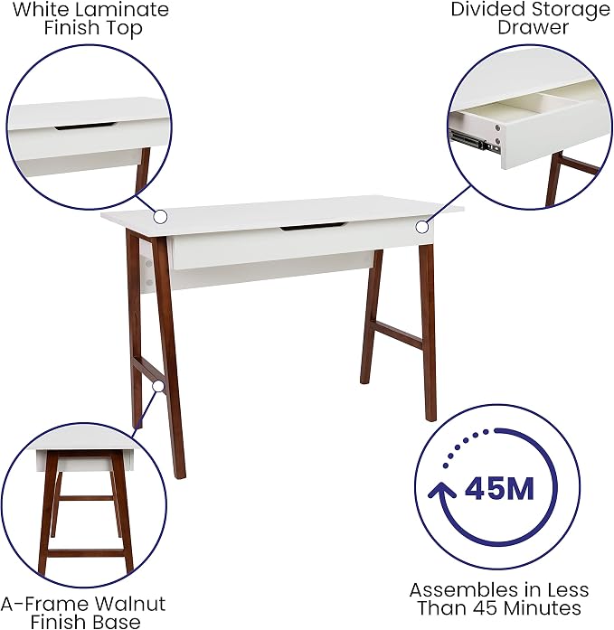 Flash Furniture Computer Desk with Drawer, 42", White/Walnut | Home Office, Writing Desk, Storage Drawer, Bedroom Desk