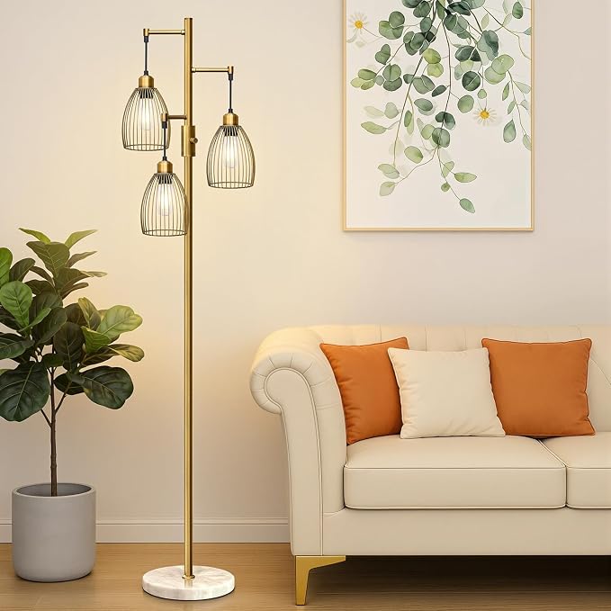 Torondo Dimmable Floor Lamps for Living Room, Industrial Standing Lamp with Marble Base, Antique Brass Tree Tall Pole Light with 3 Elegant Teardrop Cage Head & 800 Lumens LED Bulbs for Bedroom Office