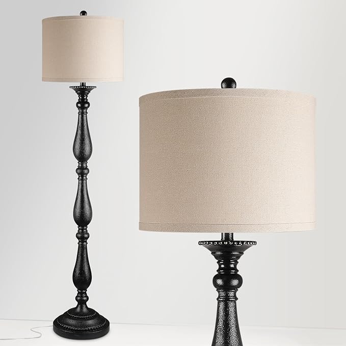 Vintage Floor Lamp for Living Room, Rustic Farmhouse Standing Lamp with Rotary Switch and Linen Shade, Retro Resin Floor Lamp for Bedroom, Corner, Dining Room, House Decor, Black