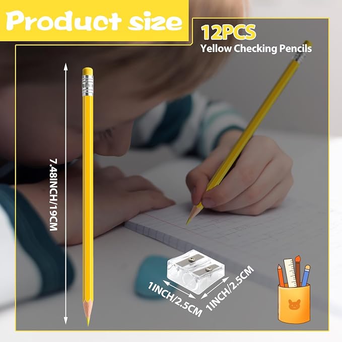 12 PCS Yellow Pencils with Eraser | , Pre-Sharpened Pencils for Writing & Drawing, School Supplies for Kids Homework, Tests, Art Crafts & Teacher Grading