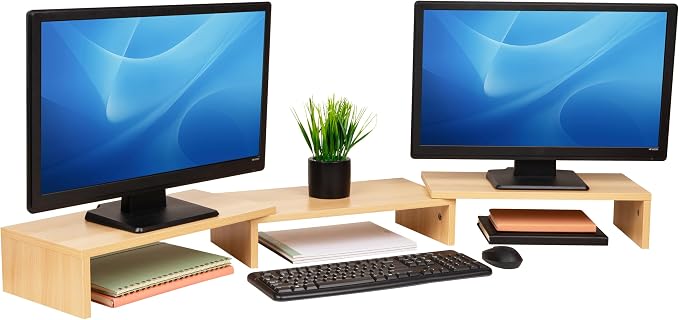 Mind Reader Dual Monitor Stand, Desktop Organizer, Laptop Riser, Office, MDF, 51.25"L x 9.25"W x 4.75"H, Brown