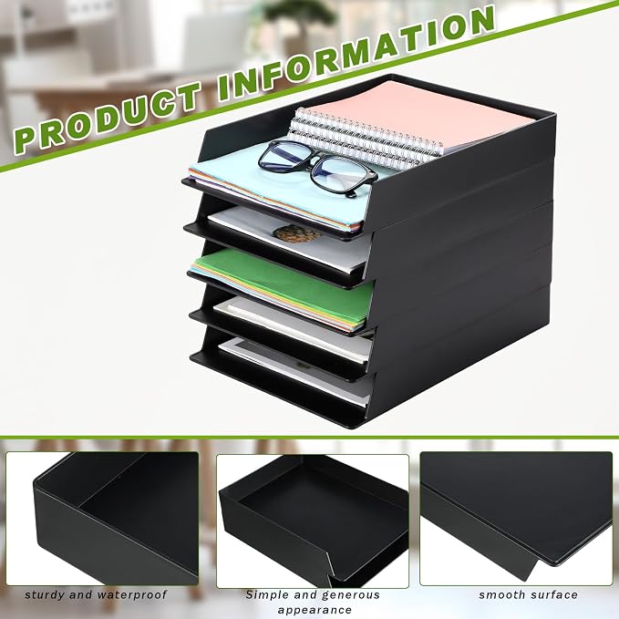 20 Pcs Stackable Paper Trays Rectangular Plastic Desk Holder Desktop Document File Organizer Storage Letter for Back to School Office Classroom (Black)