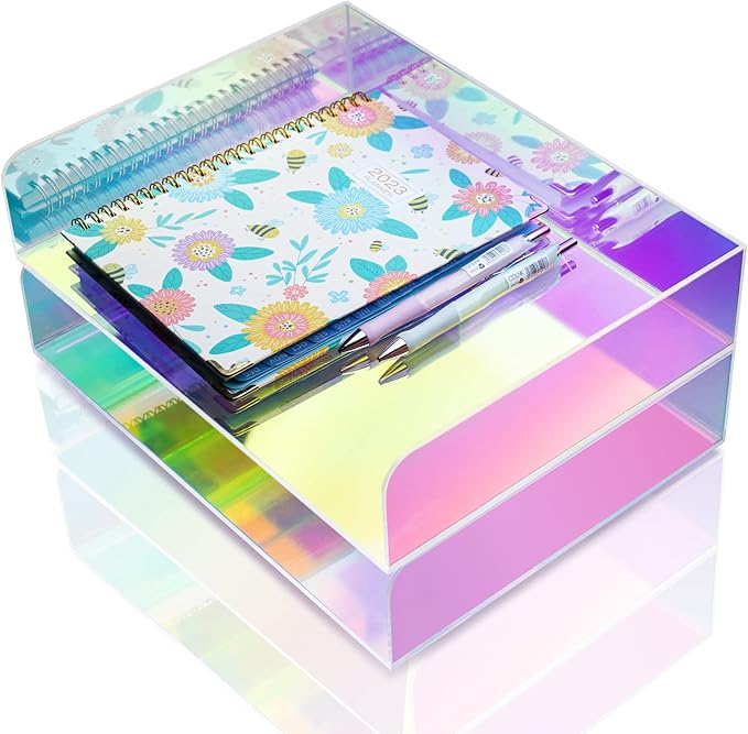 2-Tier Letter Tray Stackable Acrylic Desk Organizer File Holder | Iridescent Rainbow Paper Sorter For Desktop Document Office Accessories Storage Mail Organizer School Workspace Organization