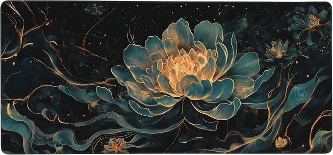 Floral Aesthetic Lotus Gaming Mouse Pad, Black Gold Chinoiserie Desk Mat with Anti-Slip Base & Stitched Edges, Office Supplies & Desk Decor for Women, 35.4" x 15.7" in Home Office Essentials