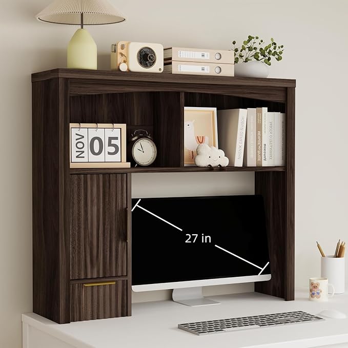 Desktop Shelf, Wooden Desk Hutch with Storage, Desktop Bookshelf | with Cabinet and Drawer, Office Desk Organizer, Space-Saving Organization, Over Desk Storage Shelves for Home, Dorm, Walnut