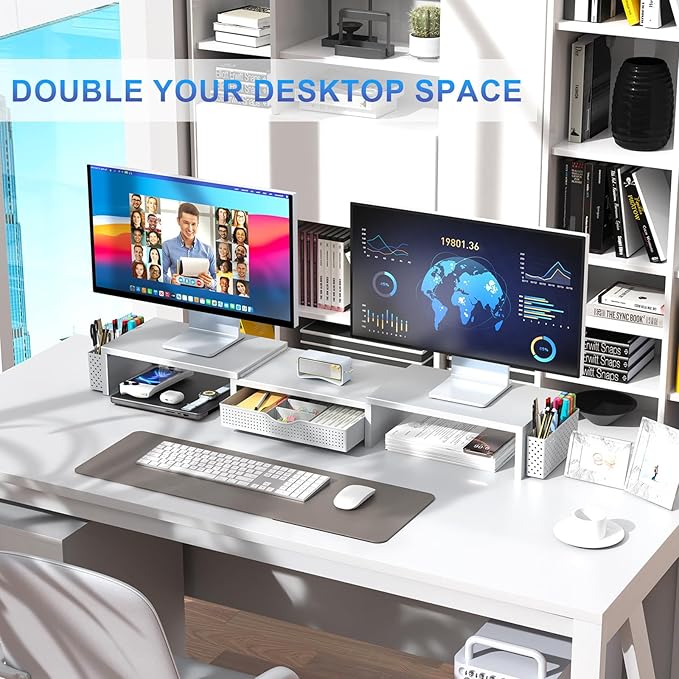 gianotter Dual Monitor Stand Riser With Drawer and 2 Pen Holders | Computer Monitor Stand Desk Organizer and Accessories Desk Shelf for Top of Desk (White)