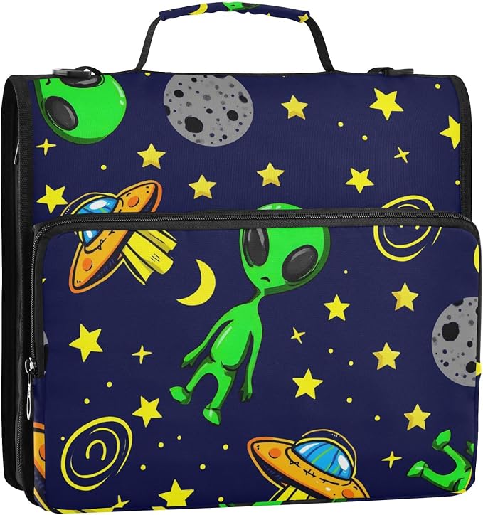 3 Ring Zipper Binder with Shoulder Strap Alien Space Cartoon 2 Inch Zippered Binder Bag 500 Sheet Capacity Multi Pockets for School Supplies