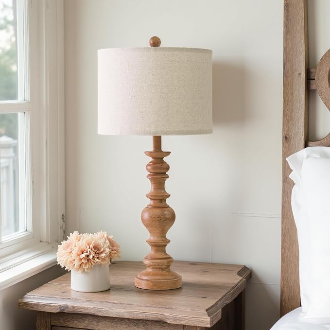 BOBOMOMO 27" Light Brown Table Lamps Set of 2, Large Farmhouse Resin Lamps with Linen Shades, Rustic Vintage Lamps for Living Room, Bedroom, Console Table or Entryway Home Lighting