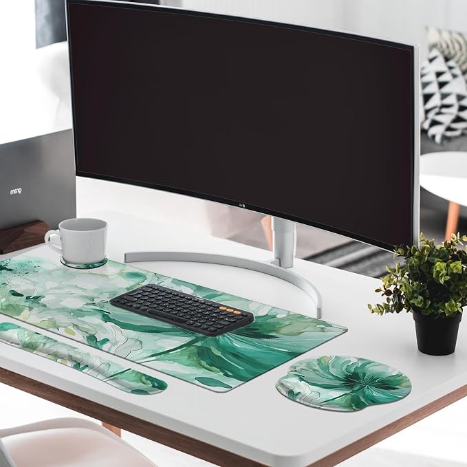 Keyboard Mouse Pad Set, 4 in 1 Desk Mat Set, Colorful Floral | Large Mousepad+Keyboard Wrist Rest+Mouse Wrist Rest+Coaster Ergonomic Design for Home Office Computer