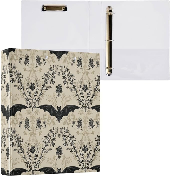 Gothic Bat Round Ring Binders Floral (5) 1.5 Inch 3 Ring Binder with Clipboard Holds 200 Sheets Office Home School