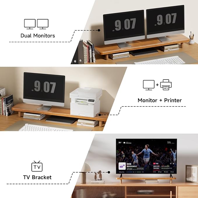 Dual Monitor Stand Riser, 39 Inch Extra Long Wooden Desktop Monitor Riser with Storage for 2 Monitors Ultra Strong Desk Shelf Organizer Riser Ergonomic for 2 Screens/Laptop/PC/TV/Printer (Light Walnut, 39inches)