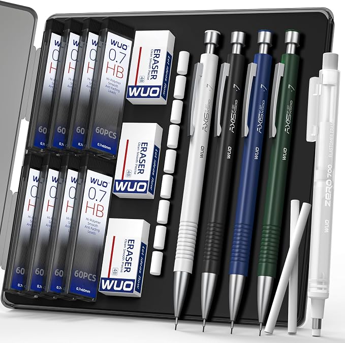 WUO 0.7 mm Mechanical Pencils with Eraser Pen Storage Case, 4 PCS