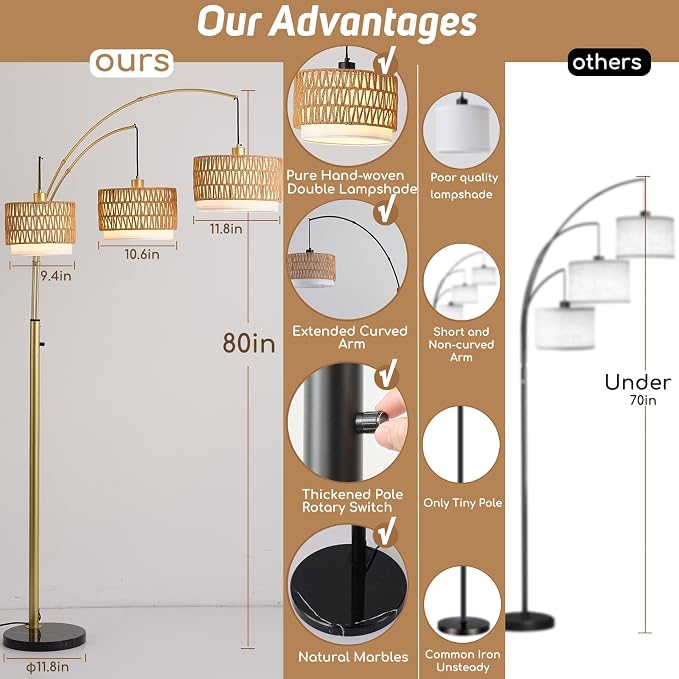 80'' Gold Rattan Arc Floor Lamp for Living Room, 3-Light Boho Tree Lamp | Heavy Natural Marble Base, 1/2/3-Light Rotary Switch,Double-layer Wicker/Fabric Shades for Reading Corners,8 ft+ Ceilings