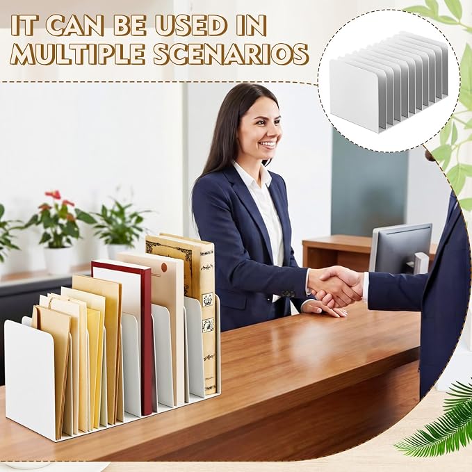 Suzile Metal Desktop File Organizer, 10 Compartments, Vertical File Sorter, White, 5.79" W x 10.63" L x 5.41" H, Office, Reception Areas, Workspace