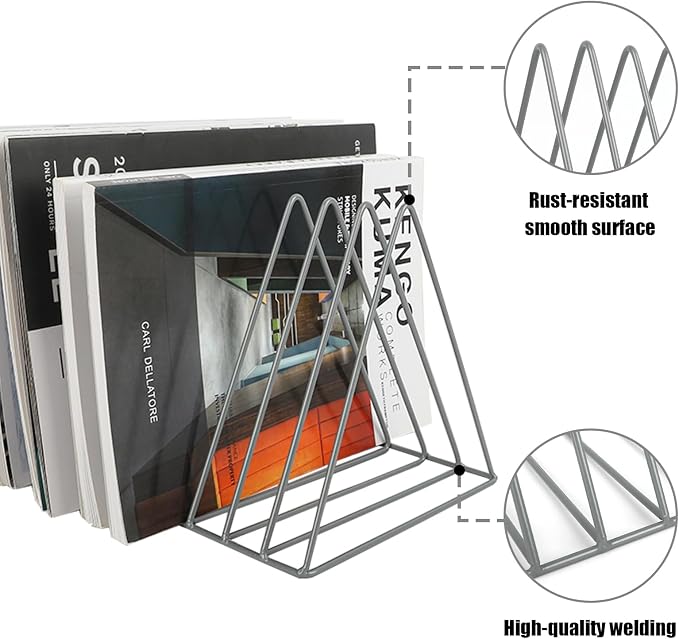 Vinyl Record Holder Storage, 9 Slot Metal Magazine Book Album Display Rack, Stylish Triangle Desktop File Sorter Organizer for Home Office, Grey