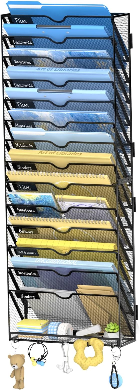 15-Tier Wall File Organizer with Hooks, Hanging File Organizer | Metal Mesh Mail Organizer, Wall Mounted File Organizer for Home, Classroom, Office Organization