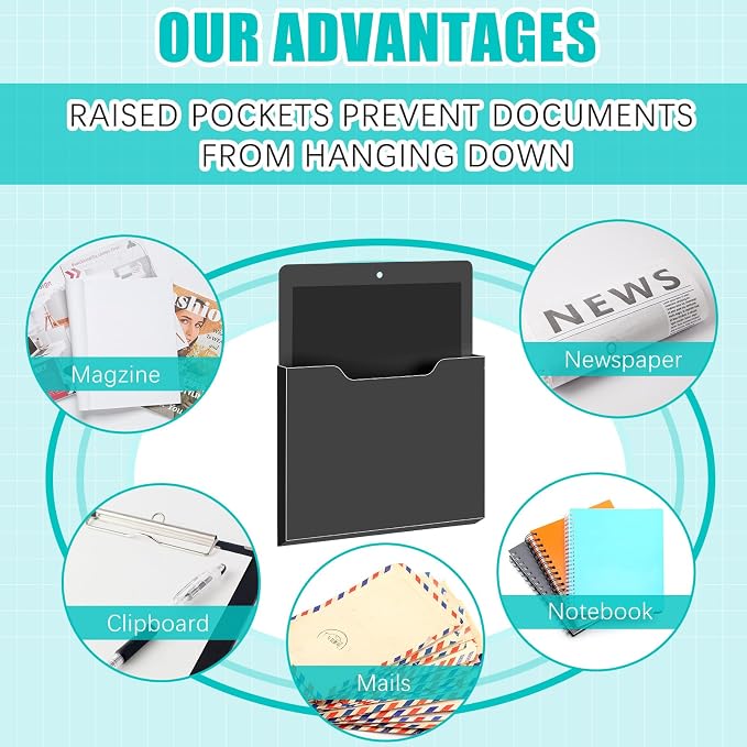 Feifeiya 2 Pcs Magnetic File Folder Wall Hanging Holder Large Pocket Paper Magazine Mail Organizer for Refrigerator Classroom Locker Whiteboard(Vertical,Black White,12.2 x 9.4 Inches)