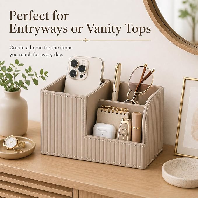 Desk Pen Organizer Office Supplies Caddy Pu Leather Multi-function Storage Box Pen/Pencil,Cell phone, Business Name Cards Remote Control Holder (Mocha Beige)