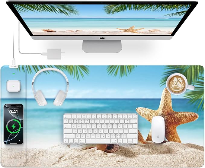 Wireless Charging Mouse Pad, 31.5"x15.8", with 20W PD Adapter, Summer Beach | Desk Writing Pad for Home Office Gaming, Waterproof Ultra-Smooth Surface, Non-Slip Base