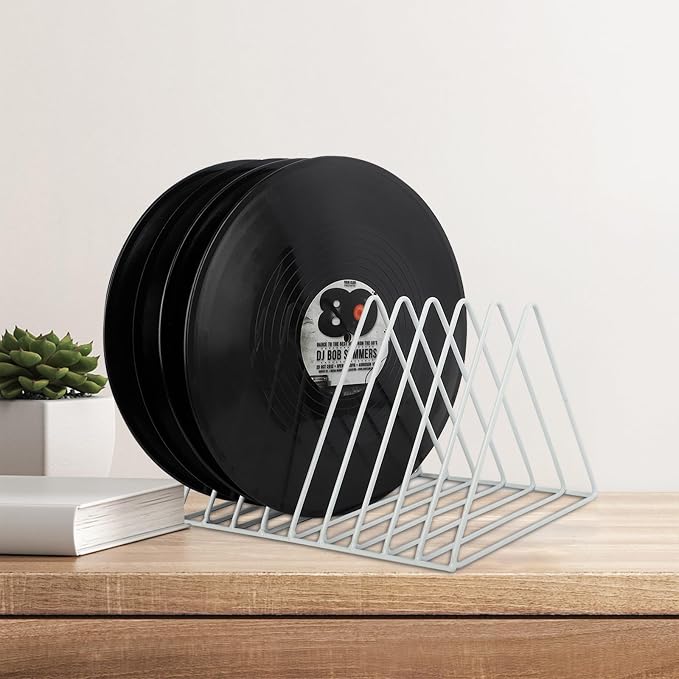 Vinyl Record Holder Storage, 9 Slot Metal Magazine Book Album Display Rack, Stylish Triangle Desktop File Sorter Organizer for Home Office, White