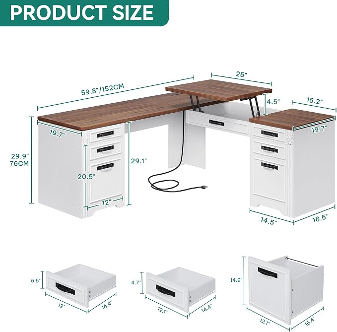 YITAHOME L Shaped Executive Desk with Lift Top & Drawers | Lift Top & Drawers, Farmhouse Corner Computer Desk, Power Outlets, Carved Design Wood, Storage Cabinet