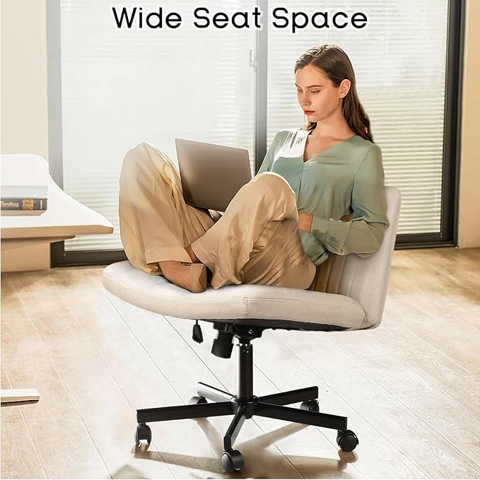 PUKAMI Criss Cross Chair with Wheels,Fabric Padded Armless Cross Legged Office Desk Chair for Home Office,Modern Swivel Height Adjustable Wide Seat(Beige)