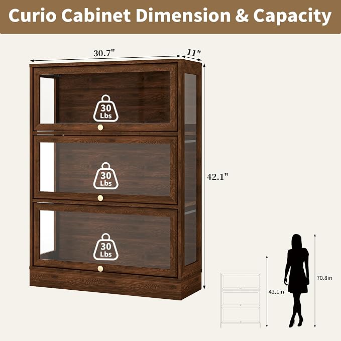 Display Cabinet with Acrylic Glass Doors,3-Tiers Curio Cabinet with LED Lighting for Collectibles, Collectibles Toy Organizers Rack & Display Shelf Display Case Storage Cabinet,Walnut