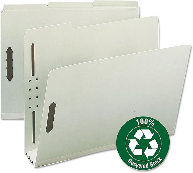 Smead 100% Recycled Pressboard Fastener File Folder, 2 Fasteners, 1/3-Cut Tab, 3" Expansion, Letter Size, Gray/Green, 25 per Box (15005)