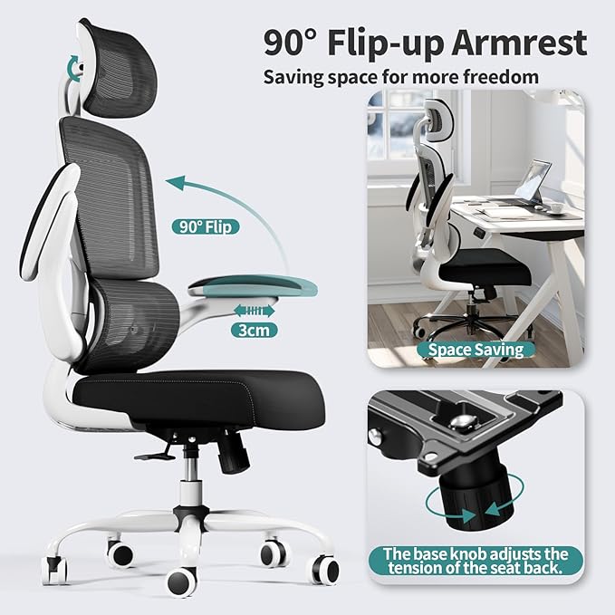 TRALT Office Chair Ergonomic Desk Chair - Gaming Chair with Lumbar Support | 330 LBS Home Office Desk Chairs with Headrest, Reading Chair with Flip-up Armrests, Comfortable Computer Chairs (1, Black)
