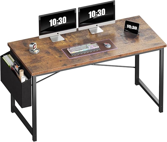 OLIXIS Computer Desk, 55 Inch Gaming Desks for Home Office Small Spaces | Writing Study Craft Work Table, Computer Workstation for Bedroom with Storage Bag, Rustic Brown