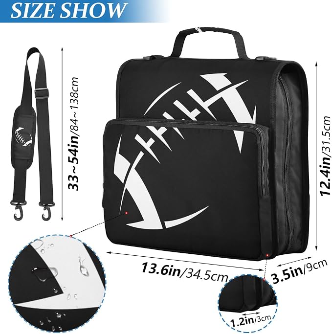 Fisyme American Football Black Zipper Binder 3 Ring with Zipper and Shoulder Strap Large Capacity Multi-Pocket Binder Organizer