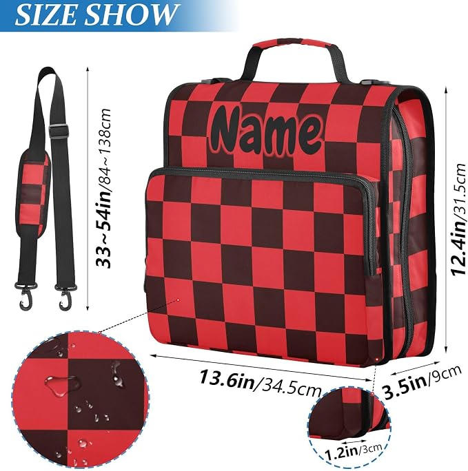 Custom Black Red Checkered Pattern 3 Ring Binder Bag 1.5 inch Personalized Name Binder Organizer 500 Sheet Documents Storage for School Office