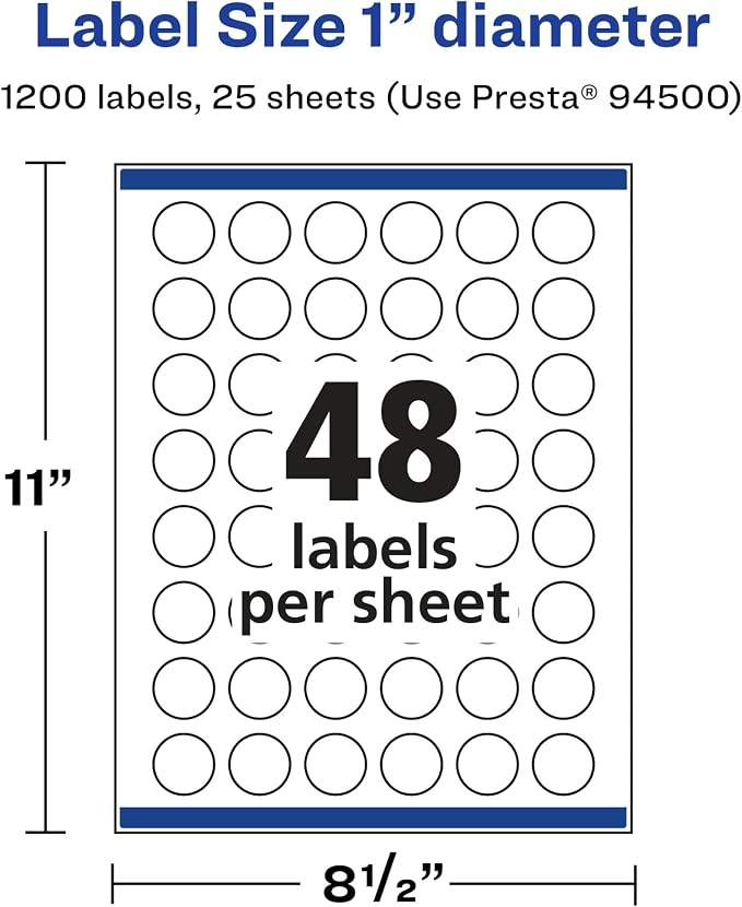 Avery® Glossy Clear Round Labels, Sure Feed® Technology, 1" Diameter, 1,200 Glossy Clear Labels, Print-to-The-Edge, Laser/Inkjet Printable