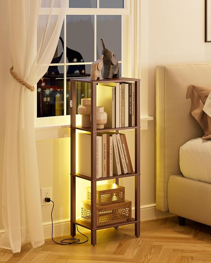 Open Book Shelf with LED Lights, 4 Tier Small Bookshelf, Freestanding Shelf Narrow Bookcase with Open Shelves, 14.96" x 10.63" x 41.26", Book Shelves for Living Room, Office, Study, Walnut